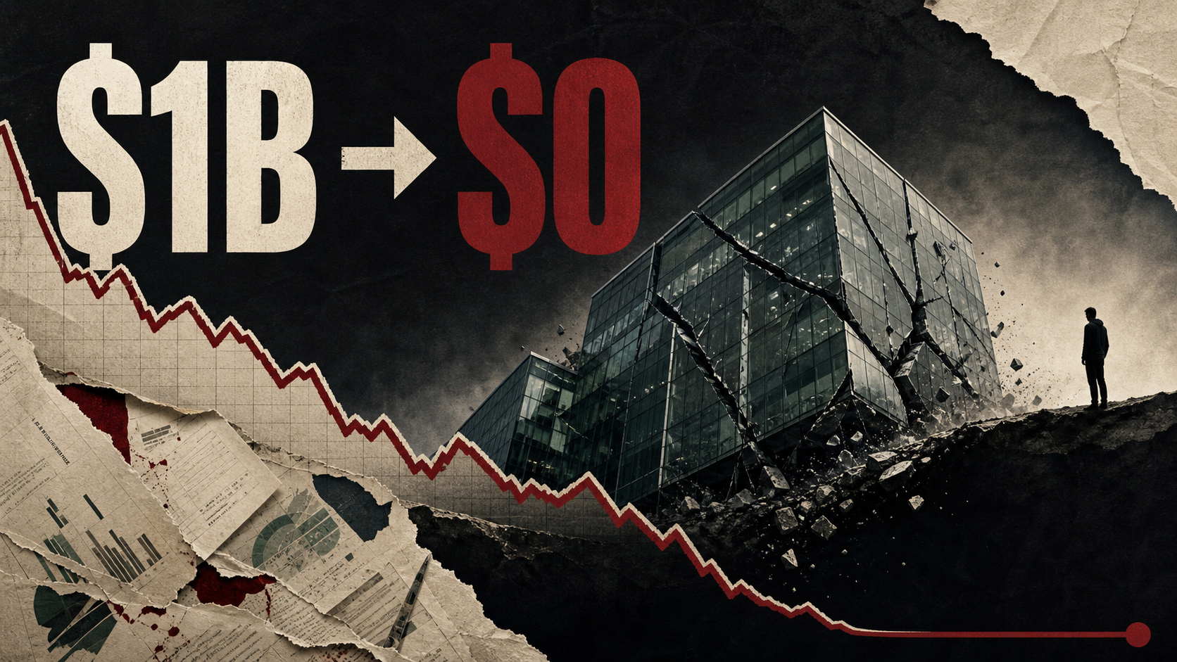 Business documentary thumbnail showing one billion dollars falling to zero
